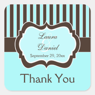 Carré Aqua, Brown, Mariage rayé blanc Favor Sticker