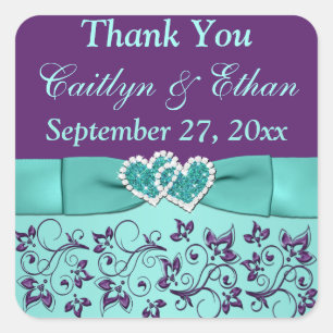 Carré Aqua, Floral Violet, Coeurs Mariage Favor Sticker