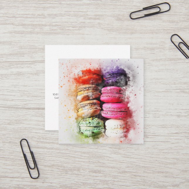 Carré Aquarelle Macaron Carte de visite de cookies (Devant/Arrière en situation)