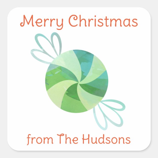Carré Aquarelle Sticker cadeau de menthe de Noël (Devant)