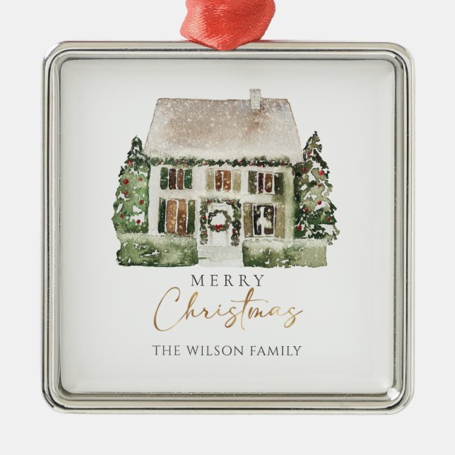 Carré Argenté Aquarelle d'hiver Maison de Noël Ornement (Devant)