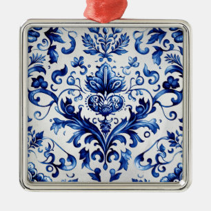 Carré Argenté Bleu et blanc Delft style ornement floral motif