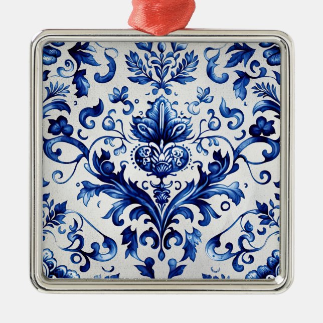 Carré Argenté Bleu et blanc Delft style ornement floral motif (Devant)