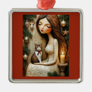 Carré Argenté Chat de Noël fantaisiste Ornement de la Demoiselle