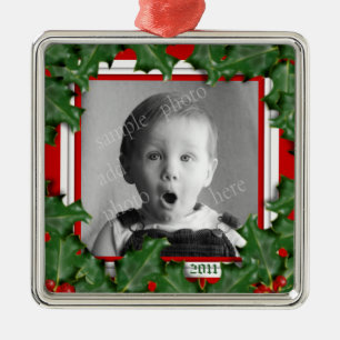 Carré Argenté Christmas Holly, Cadre photo, Ornement de ruban ro