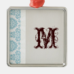 Carré Argenté Monogramme de Damas Filigree bleu Ornement initial
