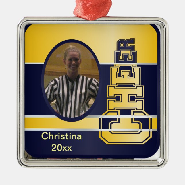 Carré Argenté Ornement Cheerleading bleu et jaune de (Devant)