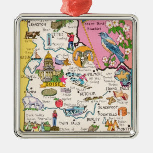 Carré Argenté Ornement de carte de l'État de Boise, Idaho vintag