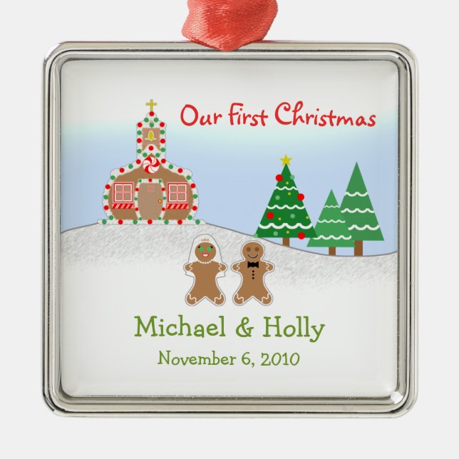 Carré Argenté Ornement de mariage - jeune mariée et marié de (Devant)