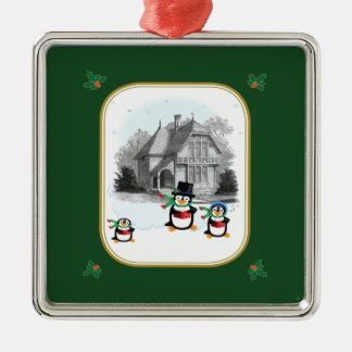 Carré Argenté Ornement de pingouins de carolage victorien