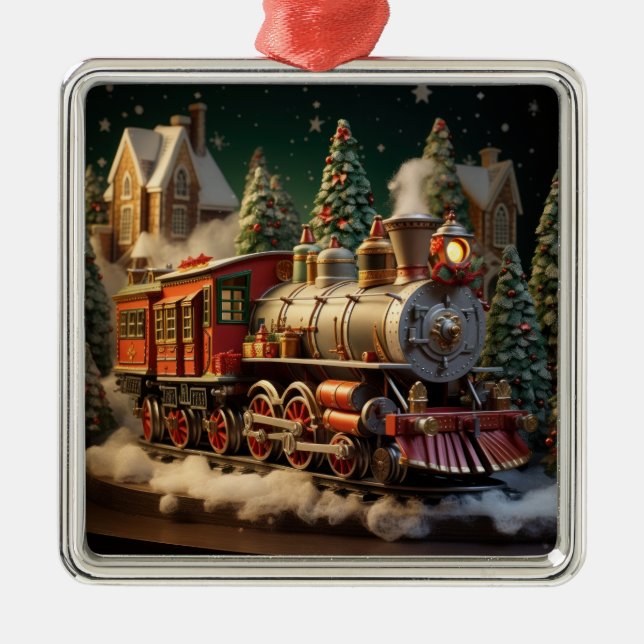 Carré Argenté Ornement du train de Noël 3D (Devant)