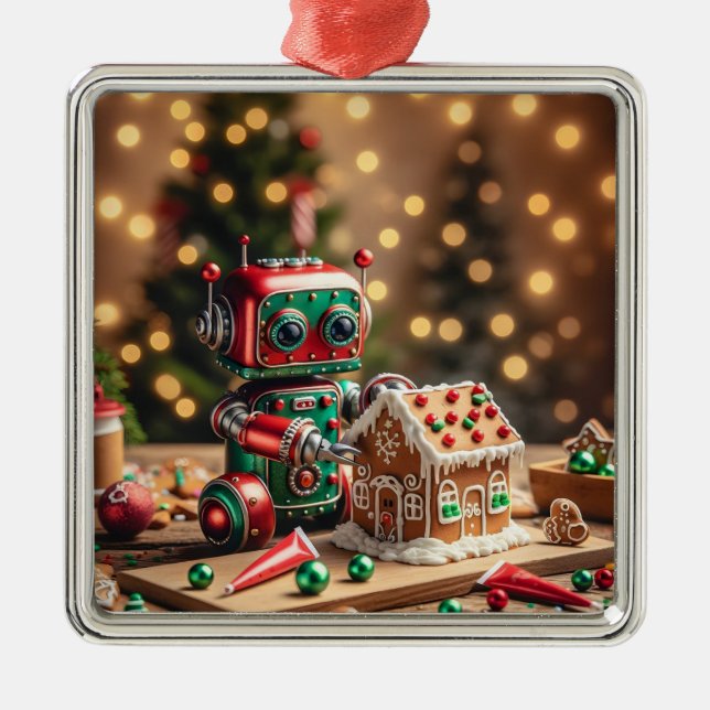 Carré Argenté Ornement robot de Noël (Devant)