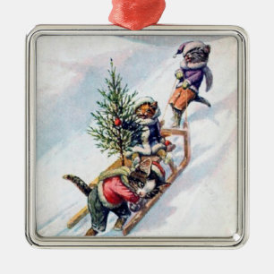 Carré Argenté Ornement vintage de chat de Noël