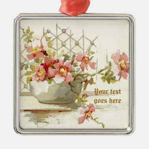Carré Argenté Vase aux roses roses vintages aquarelle ornement