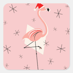 carré autocollant Flamant rose Père Noël Rose