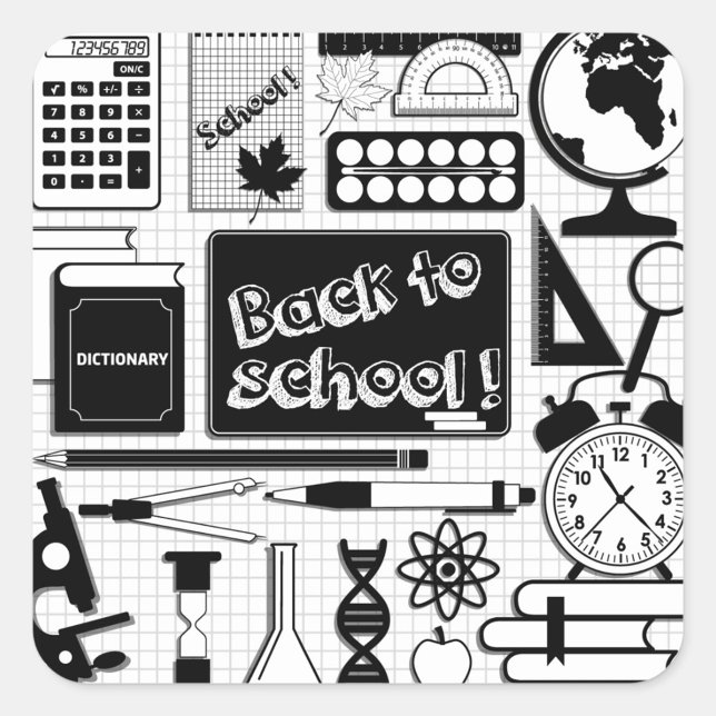 Carré Back To School Sticker (Stickers featuring various school-related items in black and white. )