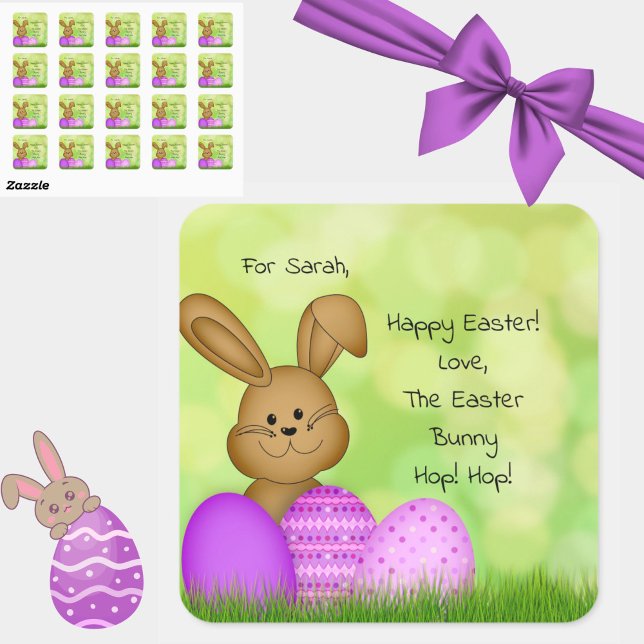 Carré Baguette de Pâques personnalisée mignonne Sticker  (Personalize these cute Easter Bunny to kids stickers for a magical holiday touch!)