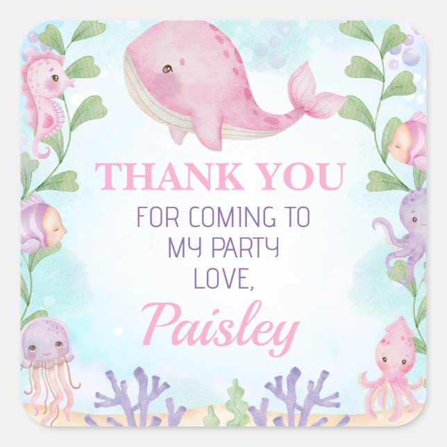 Carré Baleine rose filles sous la mer Sticker d'annivers (Devant)