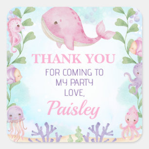 Carré Baleine rose filles sous la mer Sticker d'annivers