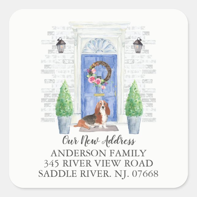 Carré Basset Hound Porte Bleue Nouvelle Adresse Sticker  (Devant)
