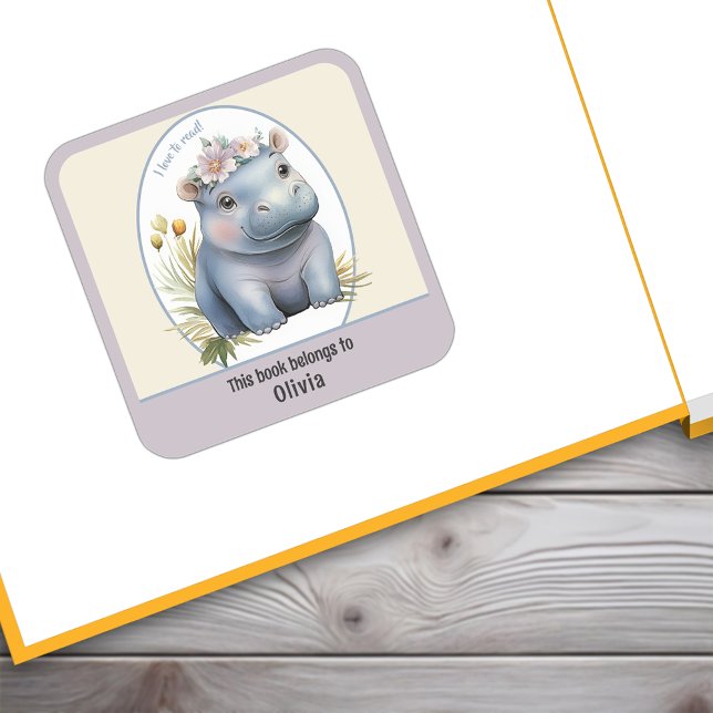 Carré Bébé Hippo mignon J'Aime Lire Sticker Plaque De Li (Baby Hippo Cute I Love To Read Bookplate Sticker. Personalize this sticker for your child.)