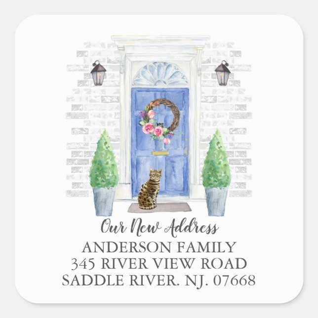 Carré Bengal Chat Porte Bleue Nouvelle Adresse Sticker É (Devant)