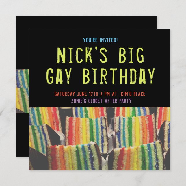 Carré Big Gay Birthday Rainbow Cake Invitation (Devant / Derrière)