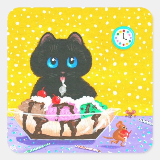 Carré Black Cat Ice Cream Creationarts Square Sticker (Devant)