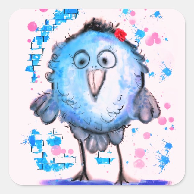 Carré Bleu mignon Oiseau drôle Sticker (Devant)