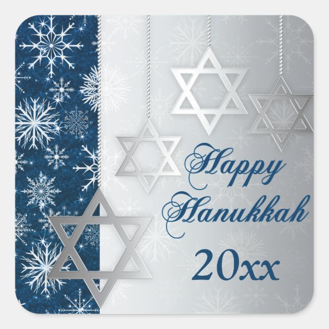 Carré Bleu, Snowflakes Argent Happy Hanoukka Sticker (Devant)