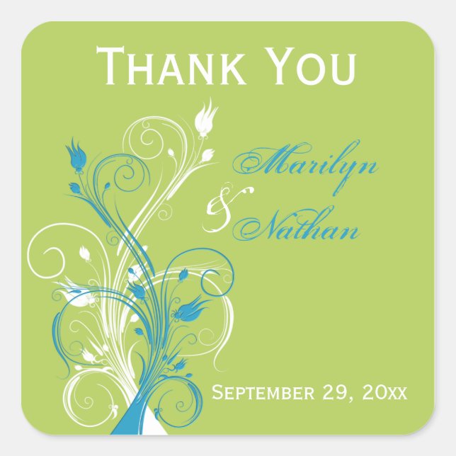 Carré Bleu Vert Blanc Floral 1,5" Sticker Favor de maria (Devant)