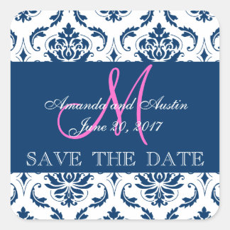 Carré Blue Damask Initial Enregistrer le sticker de date