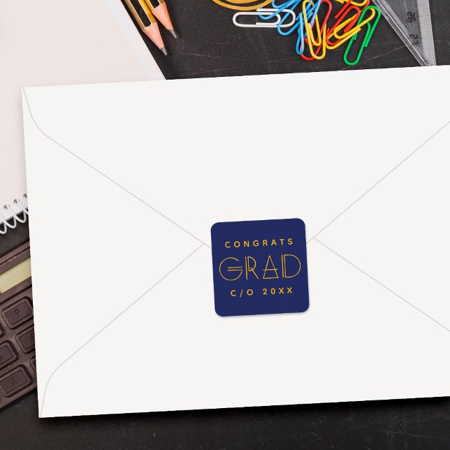 Carré Blue Gold Grad Typography Graduation Sticker (Créateur téléchargé)