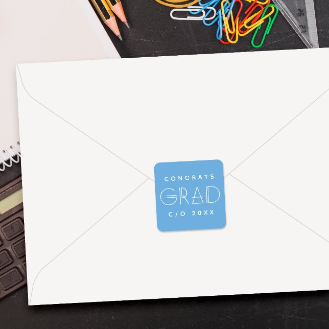 Carré Blue White Grad Typography Graduation Sticker (Créateur téléchargé)