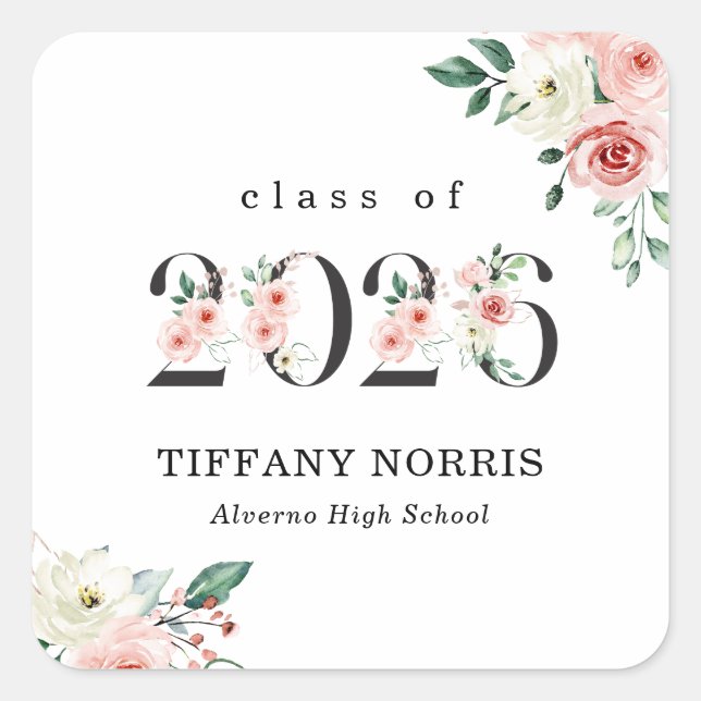 Carré Blush Pink Floral Numbers Graduation Sticker (Devant)