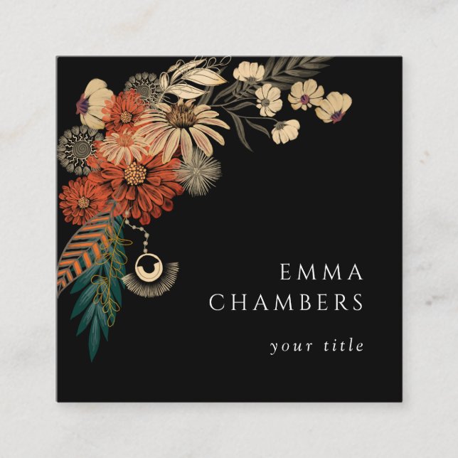Carré Boho Floral Carte de visite noir (Devant)