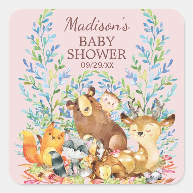 Carré Bois Animaux Filles Baby shower Favoriser Sticker (Devant)