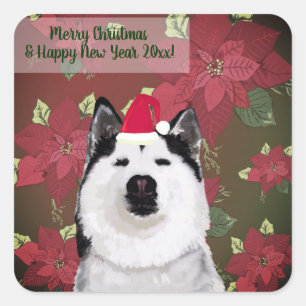Carré Bonne année, Sticker de Noël, Husky, Fleurs