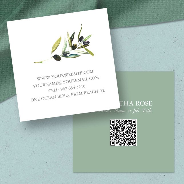 Carré Botanique d'aquarelle Carte de visite unique (unique business cards watercolor botanical olive branch QR code)