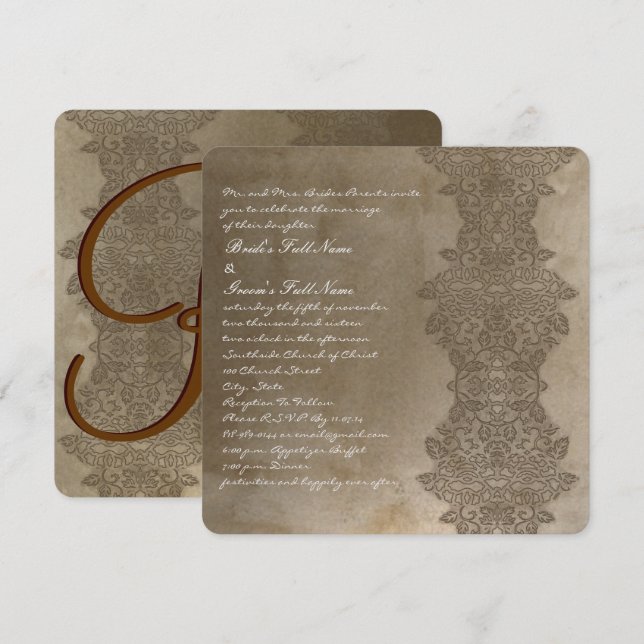 Carré Brown Vintage Mariage damassé Invitation (Devant / Derrière)