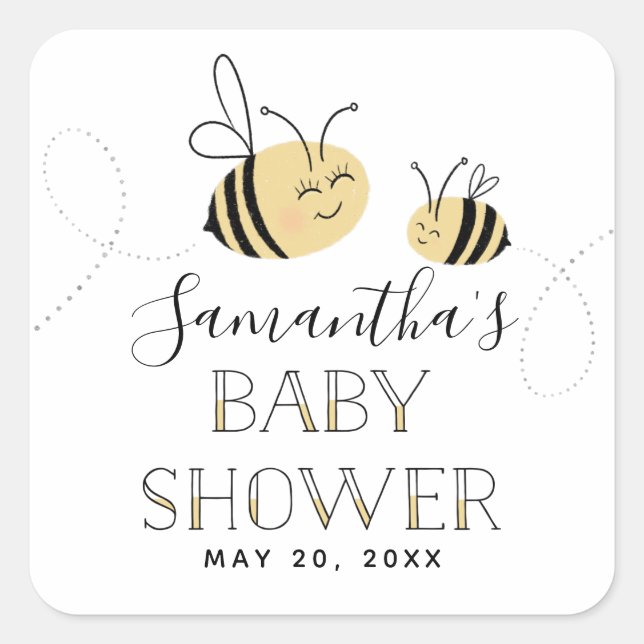 Carré Bumble Bee Sticker Baby shower avec nom et date (Devant)