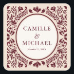 Carré Burgundy Mexican Talavera Wedding Sticker<br><div class="desc">Finish your favors with this burgundy Mexican wedding square sticker,  designed for favor labels,  gift packaging,  or envelope seals. The rich fiesta-inspired look ties your entire wedding set together—browse the collection for matching pieces.</div>