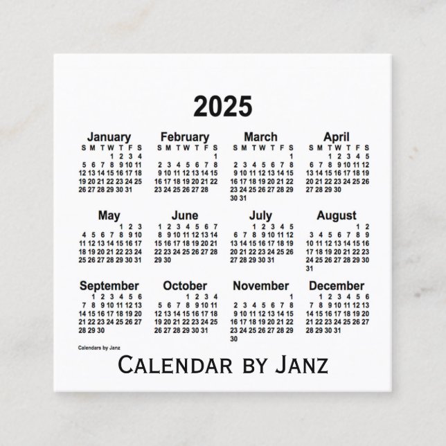 Carré Calendrier blanc 2025 par Janz Carte de visite Car (Devant)