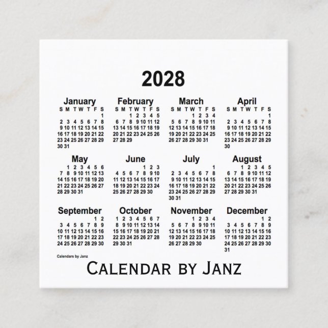 Carré Calendrier blanc 2028 par Janz Carte de visite Car (Devant)