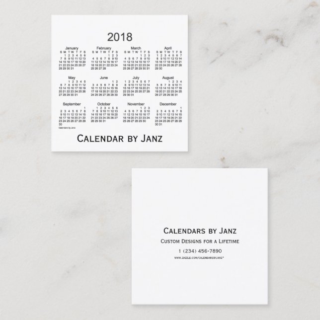 Carré Calendrier de 2018 blancs par le carte de visite (Devant / Derrière)