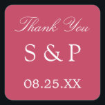 Carré Carmine Magenta Wedding Favor Sticker Merci<br><div class="desc">Carmine Magenta Wedding Favor Sticker Merci,  s'il vous plaît personnaliser avec les initiales du couple et la date du mariage,  en utilisant le modèle de personnalisation en ligne avant de commander. Un autocollant élégant avec du texte blanc élégant sur une belle nuance carmin de magenta.</div>