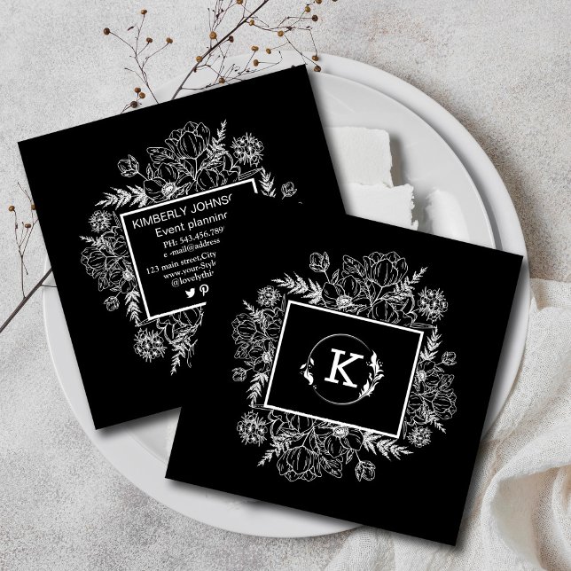 Carré Carte de visite botanique moderne noir blanc (Modern Botanical Black White Business Card #blackwhite #modern #rustic #wildflower)