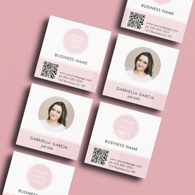 Carré Carte de visite carrée avec photo code QR logo ros ( Front and back of a square 2.5 inch. pink business card. Choose a corner and paper style.)