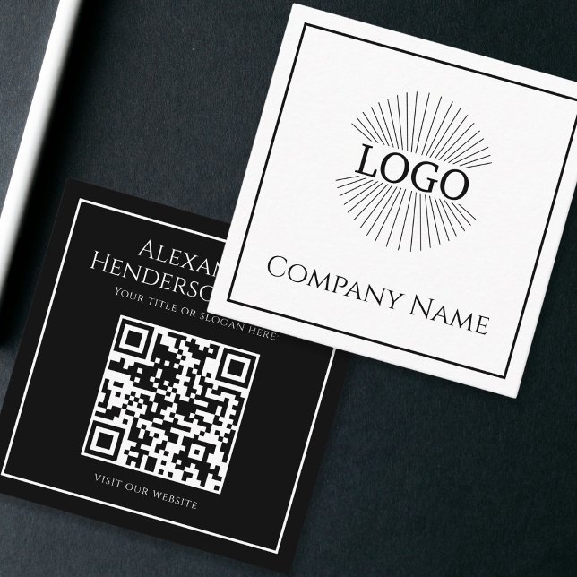 Carré Carte de visite code QR logo minimal noir blanc (Minimal Logo QR code Black & White Square Business Card)