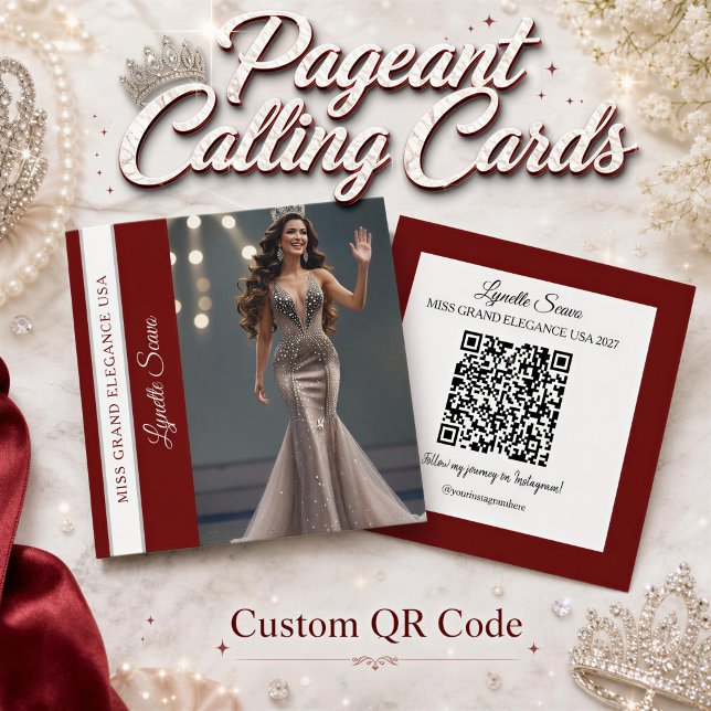 Carré Carte de visite de candidat Code QR Écharpe Carte  (Pageant queen sash calling cards featuring your custom text and photo. Add your social media QR code)